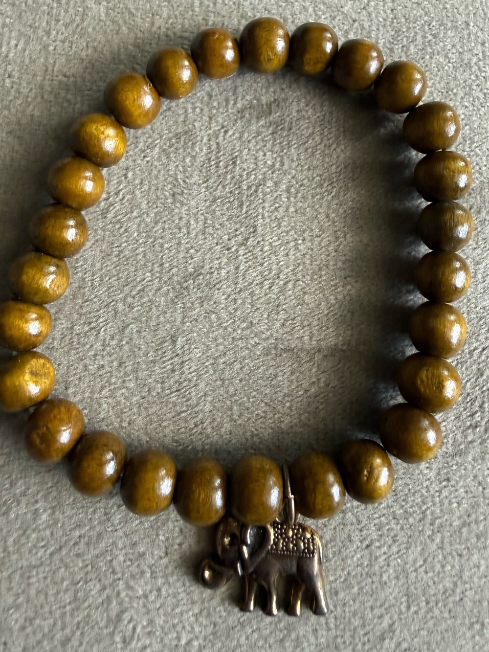 Wooden Bead Bracelet with Elephant Charm - Olive Brown